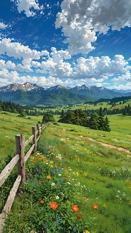 木栅栏旁花海蔓延雪山脚下翠绿草原开阔动漫风景插画手机壁纸