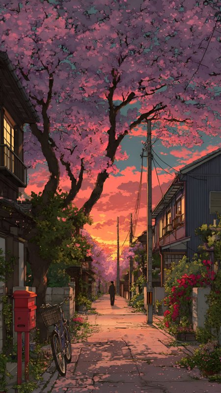 紫樱覆盖小巷行人独行夕阳余晖洒落老街动漫风景插画手机壁纸