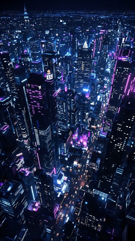 赛博朋克霓虹都市夜景俯瞰视角动漫风景插画手机壁纸