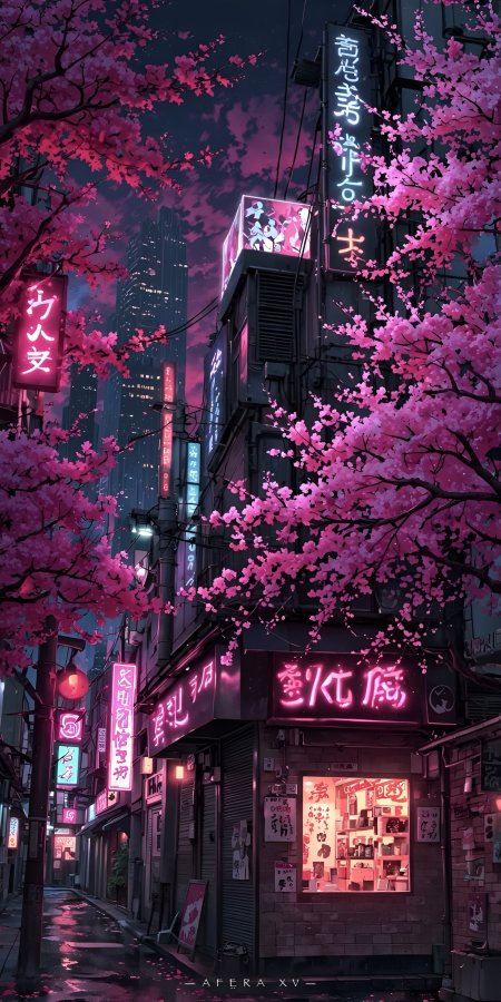 霓虹灯牌映照樱花街巷赛博朋克风都市夜景动漫风景插画手机壁纸