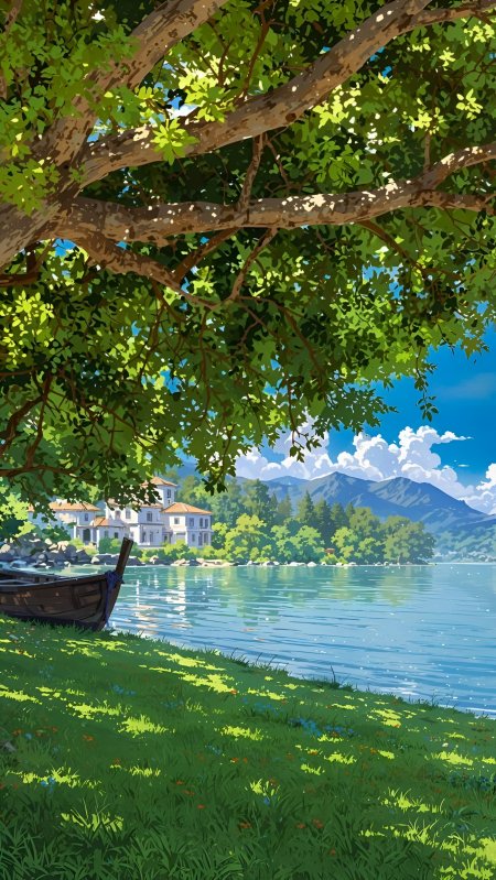 湖畔小屋掩映绿荫之下木舟静泊远山如黛清新治愈动漫风景插画手机壁纸