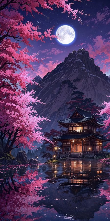 满月高悬山巅神社倒影湖面粉樱环绕静谧夜色动漫风景插画手机壁纸