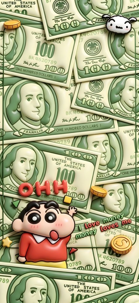 蜡笔小新站在百元美钞堆中金币环绕发财主题创意卡通手机壁纸