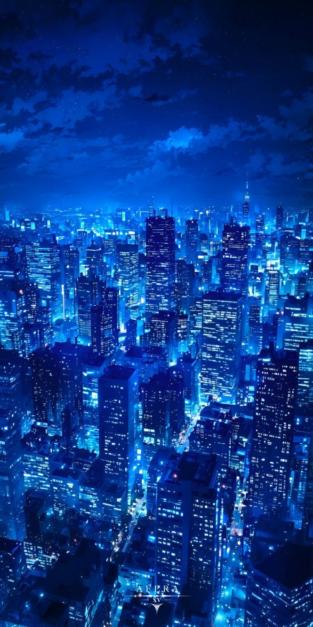 蓝色霓虹都市夜景高楼林立赛博朋克城市动漫风景插画手机壁纸