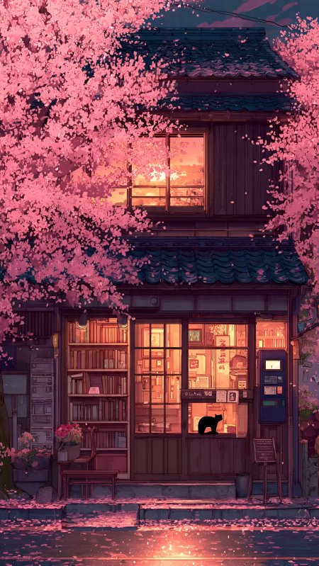 樱花树下书店亮灯黑猫静坐窗台温馨街角动漫风景插画手机壁纸