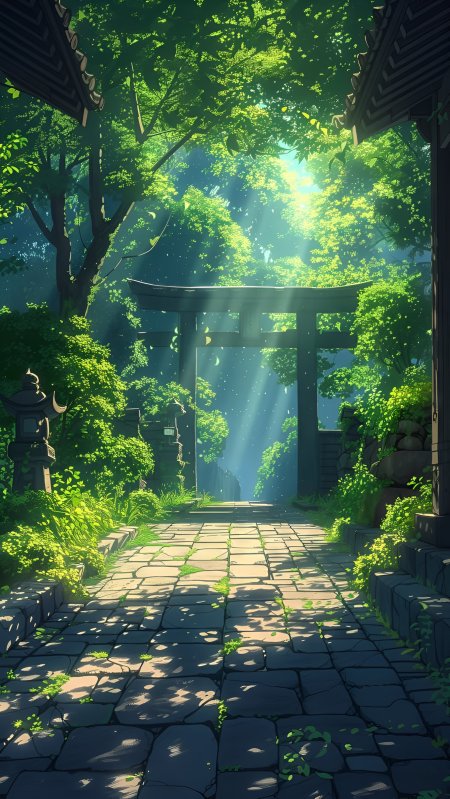 鸟居矗立石板小径绿意盎然神社入口静谧庄严动漫风景插画手机壁纸