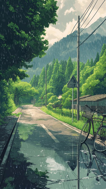 雨中乡间小路绿树成荫自行车静立路边清新田园动漫风景插画手机壁纸