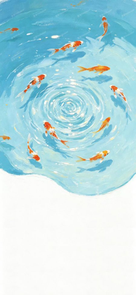 锦鲤游弋蓝色水面泛起涟漪手绘油画风治愈系插画电脑壁纸