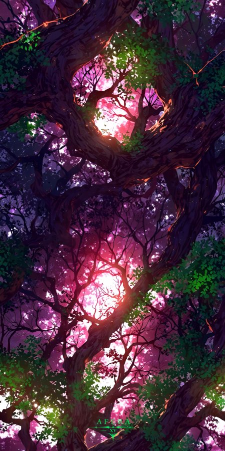 古树盘根交错粉光穿透枝叶梦幻森林动漫风景插画手机壁纸