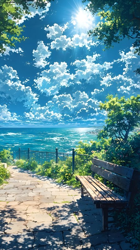 海边长椅绿树成荫阳光洒落石板路治愈海岸动漫风景插画手机壁纸