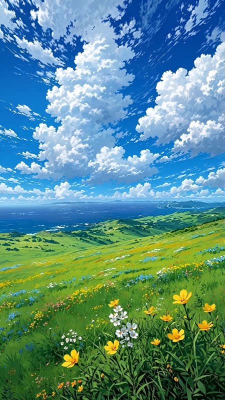 绿野花田黄白小花点缀蓝天白云开阔视野动漫风景插画手机壁纸