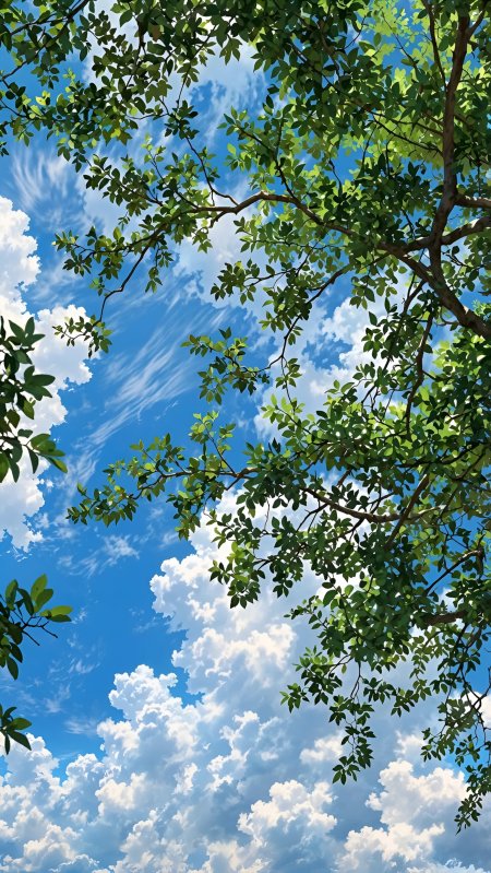 绿叶仰拍蓝天白云清新夏日树冠视角动漫风景插画手机壁纸