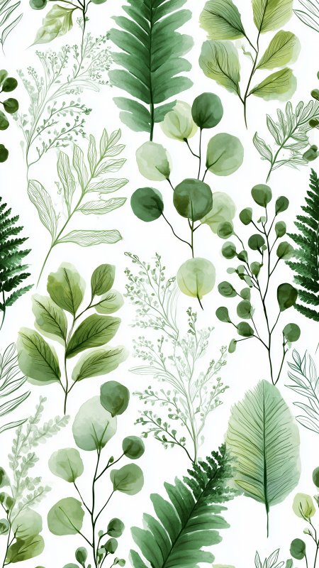 水彩绿叶蕨类植物清新自然手绘植物图案创意插画手机壁纸