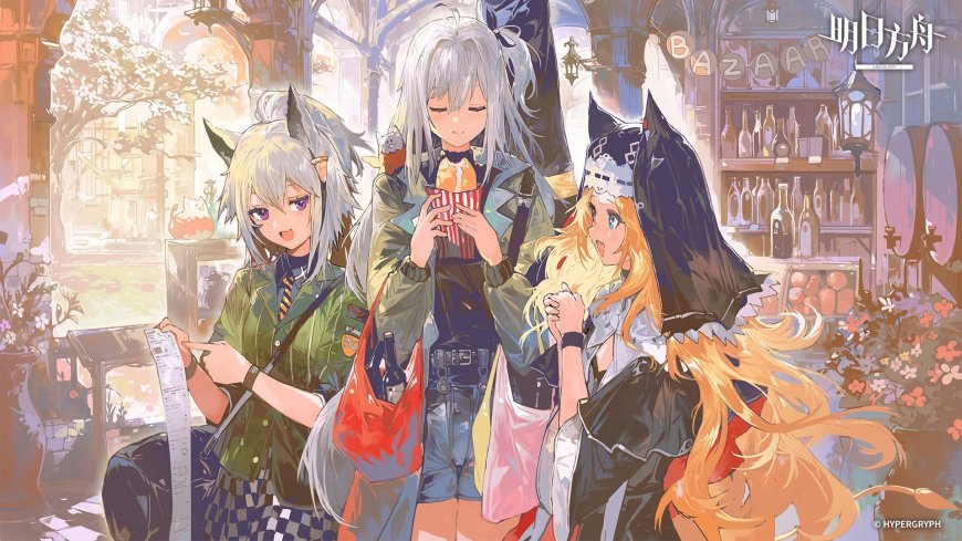 明日方舟三位少女街头购物欢乐互动游戏角色动漫电脑壁纸