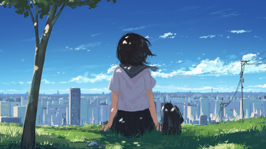 校服少女坐山坡俯瞰城市蓝天白云治愈系动漫电脑壁纸