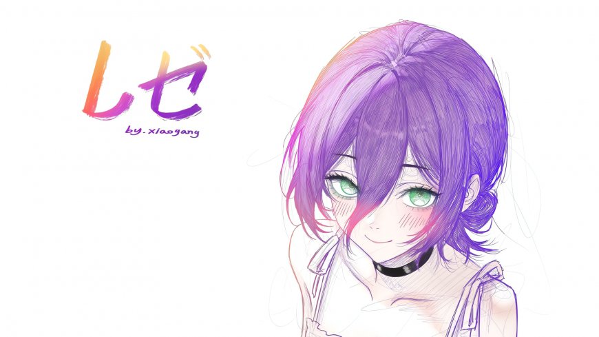 电锯人蕾塞紫发绿眼微笑线稿插画人物电脑壁纸