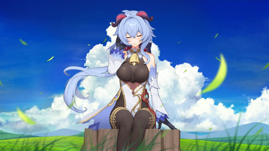 原神甘雨坐树桩闭目养神蓝天白云绿野插画动漫人物电脑壁纸