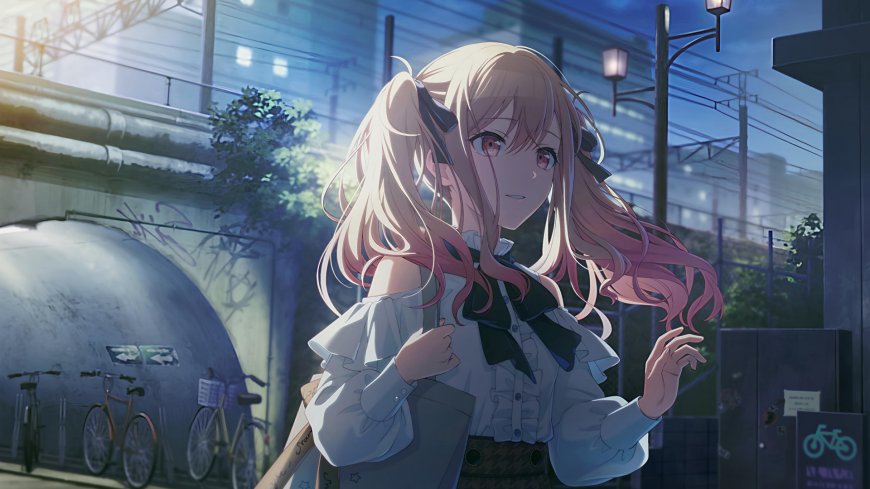 世界计划天马咲希粉发少女街头夜景动漫电脑壁纸