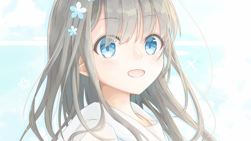 灰发蓝眼少女头戴小花清新治愈日系动漫电脑壁纸