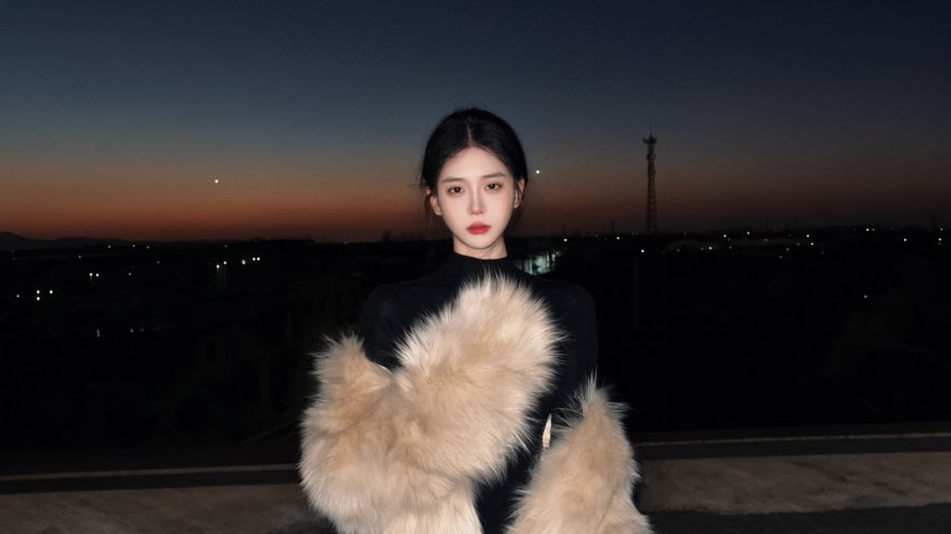 黑发美女穿毛绒外套城市夜景氛围感摄影电脑壁纸