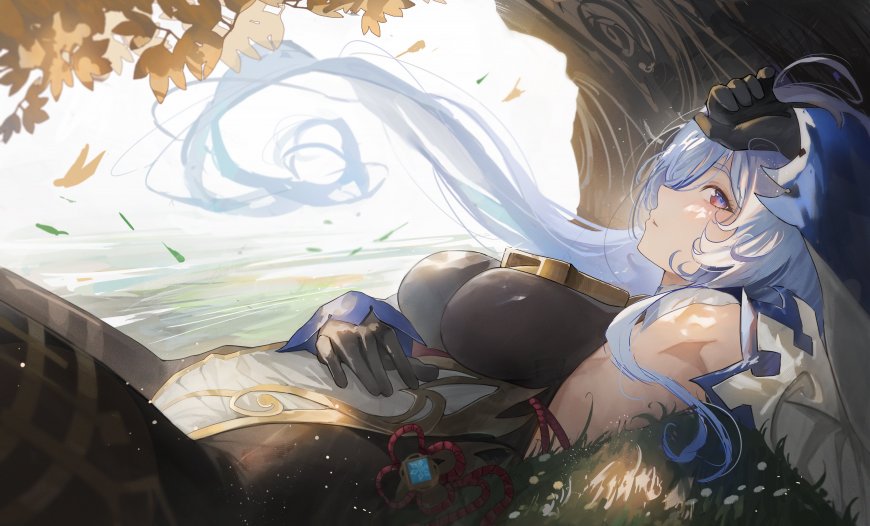 原神甘雨躺卧草地蓝发飘逸唯美插画动漫人物电脑壁纸