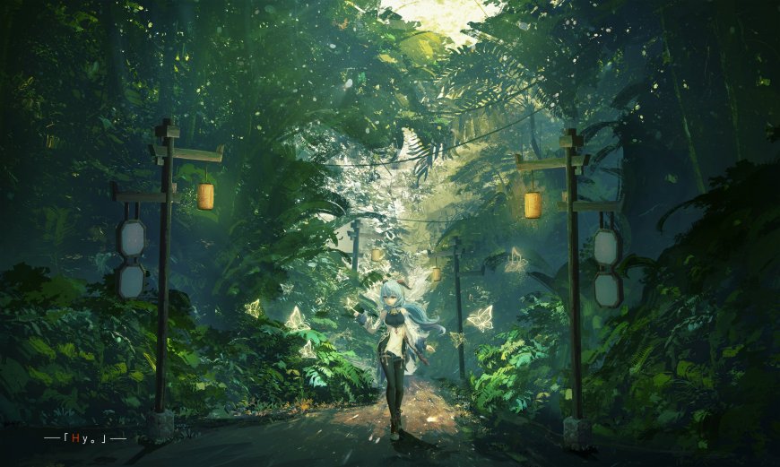 原神甘雨林间小径提灯前行绿意盎然插画动漫人物电脑壁纸