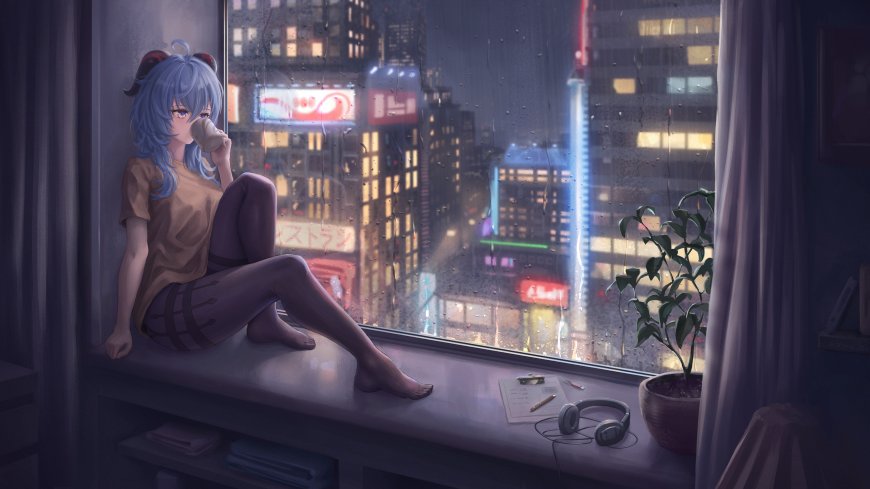 原神甘雨坐窗台喝饮料城市夜景氛围感插画动漫人物电脑壁纸