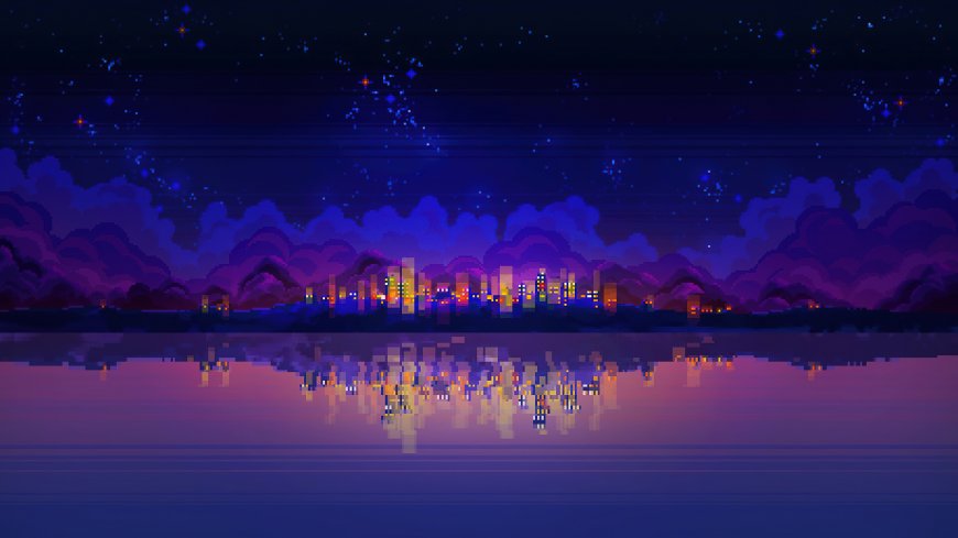 像素风城市夜景湖面倒影复古游戏创意电脑壁纸