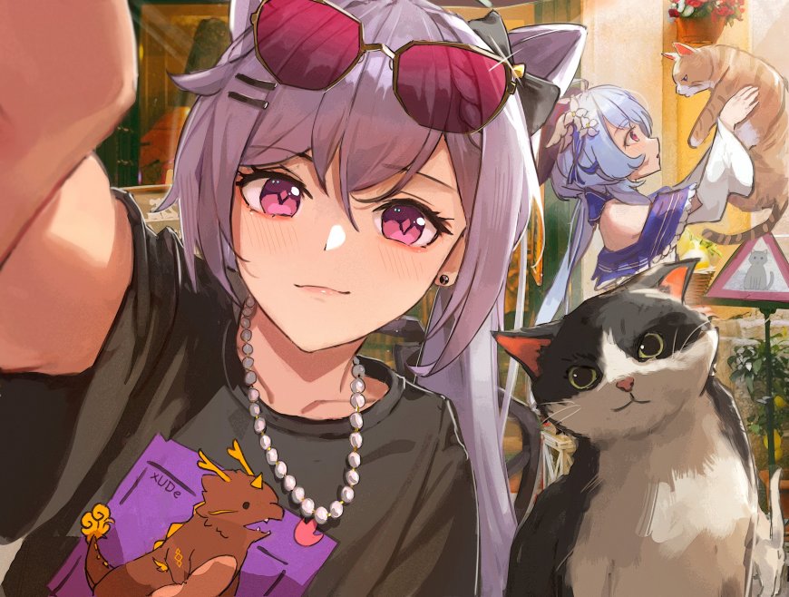 原神刻晴与甘雨自拍戴墨镜抱猫趣味日常插画动漫人物电脑壁纸