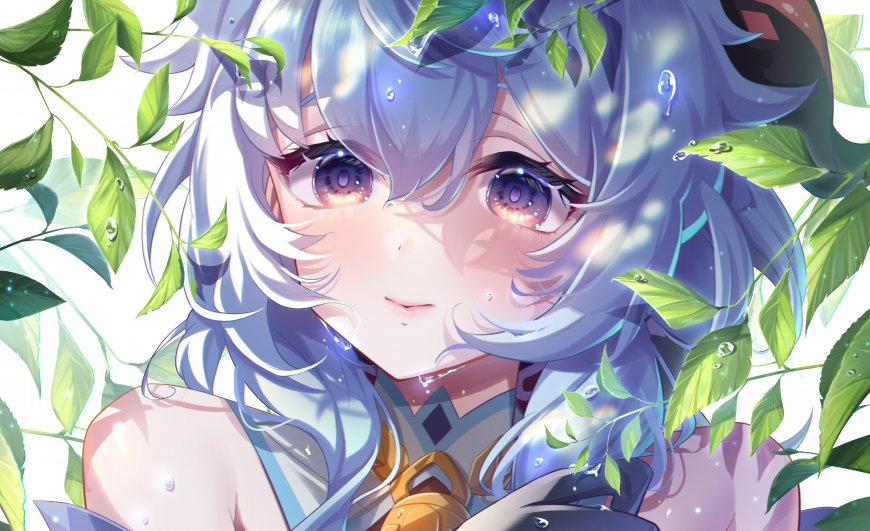 原神甘雨绿叶环绕水珠点缀清新特写动漫人物电脑壁纸