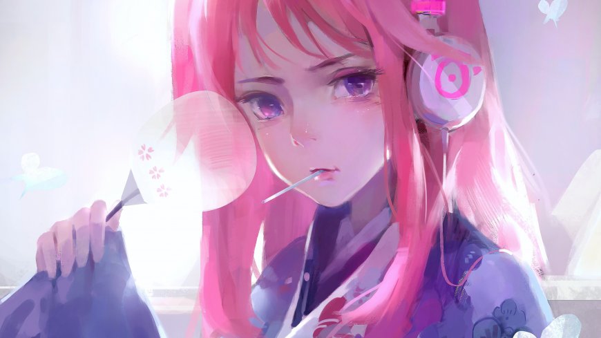 粉发少女戴耳机手持团扇唯美日系二次元人物电脑壁纸