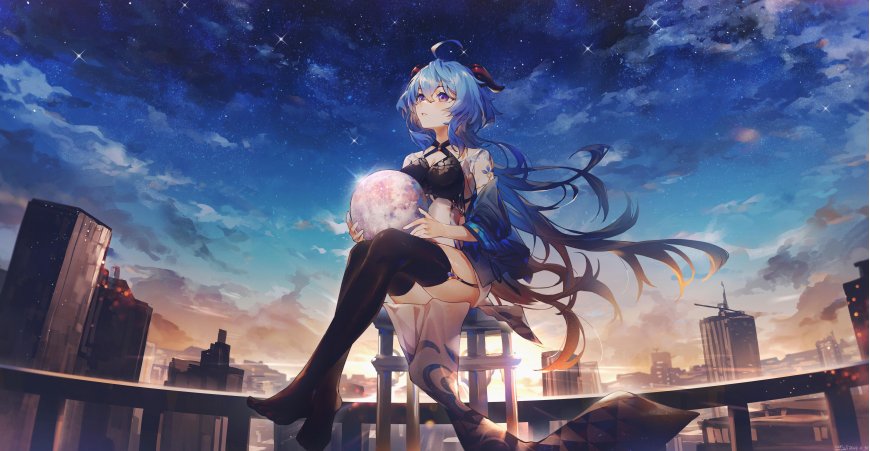 原神甘雨坐天台抱星球星空夜景动漫人物电脑壁纸