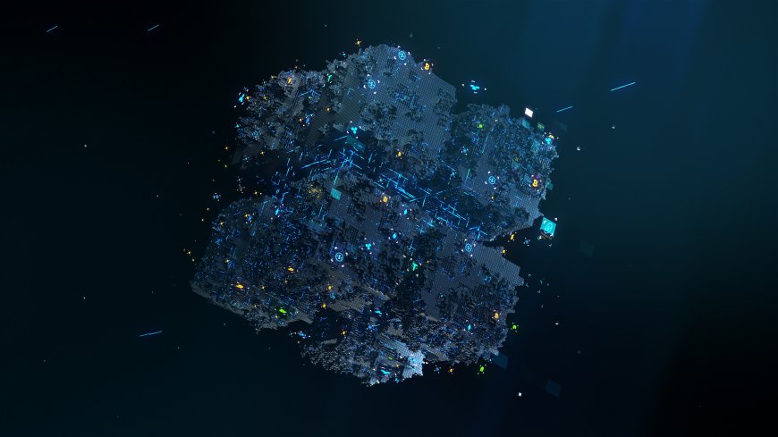 悬浮发光像素方块矩阵赛博朋克城市模型创意电脑壁纸