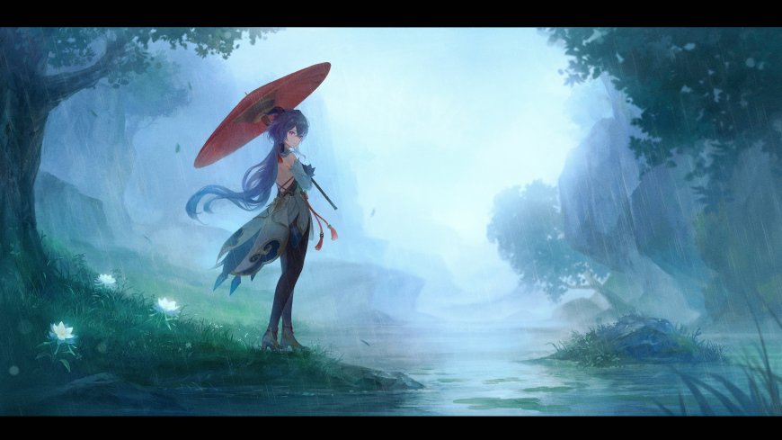 原神刻晴雨中撑伞古风服饰水墨意境插画动漫人物电脑壁纸
