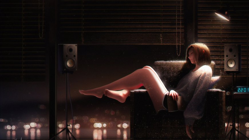 短发少女坐沙发听音乐城市夜景光影插画人物电脑壁纸