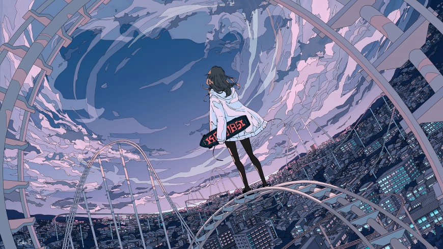 少女立于过山车轨道顶端仰望漩涡云层奇幻都市动漫电脑壁纸
