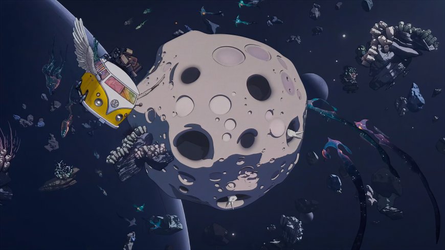 深色宇宙背景巨型陨石与带翼车辆奇幻插画创意电脑壁纸