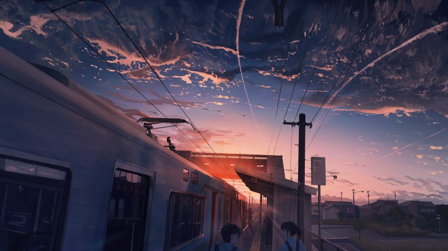 夕阳下电车站台少年少女背影青春校园动漫风景电脑壁纸