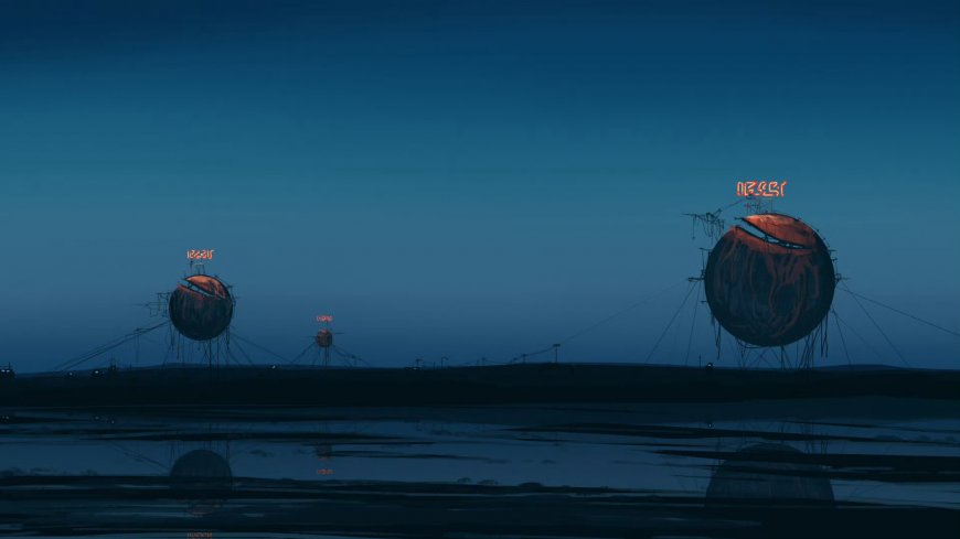 深蓝夜空悬浮球体装置水面倒影科幻未来感创意电脑壁纸