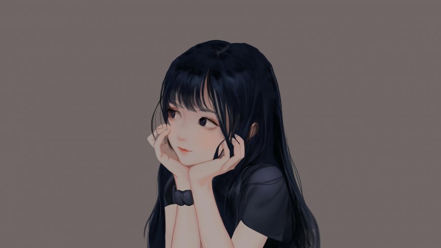 黑发少女双手托腮温柔凝视日系插画动漫少女电脑壁纸