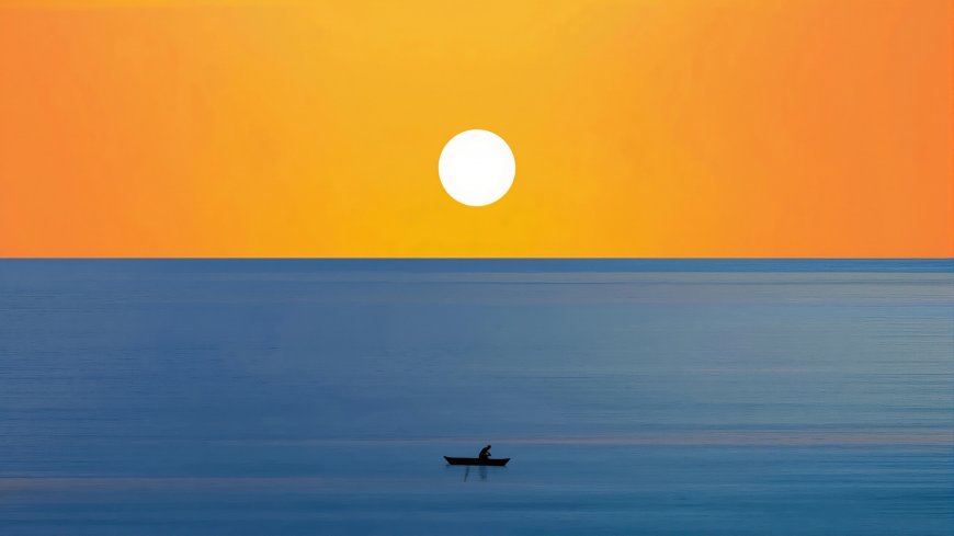 橙黄天空白太阳海面小船剪影极简治愈风景电脑壁纸
