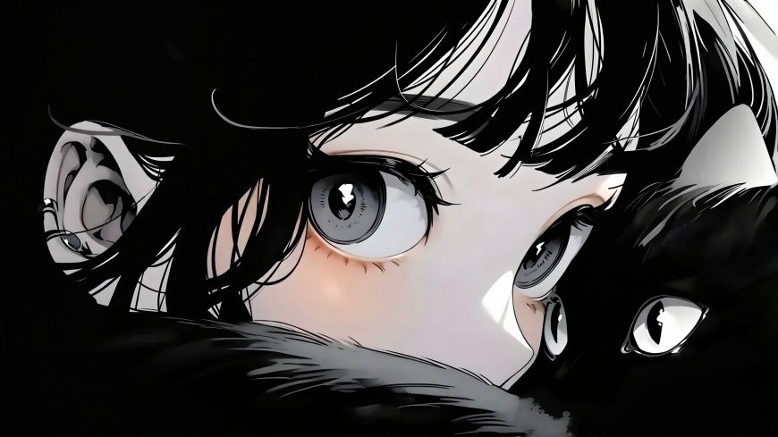 黑发少女与黑猫对视黑白漫画风细腻眼神动漫电脑壁纸