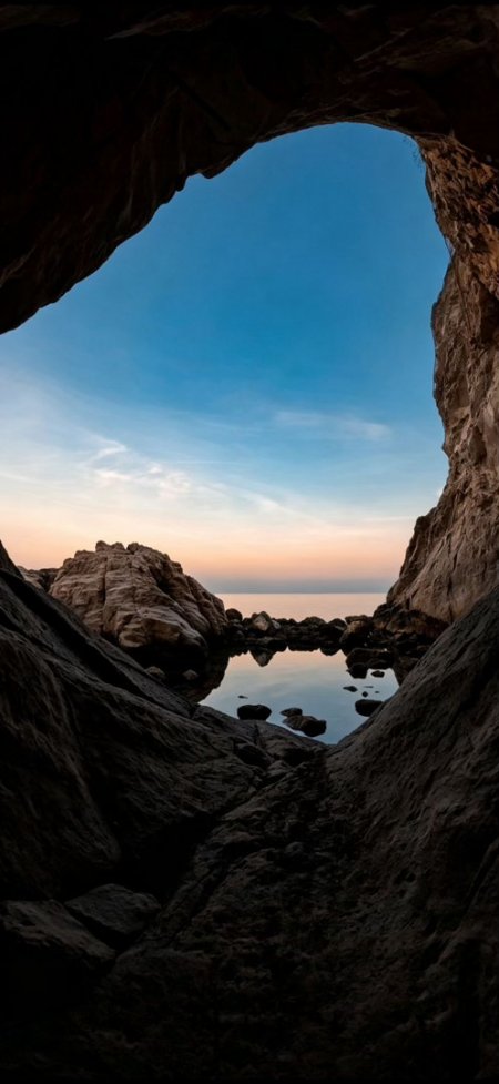 岩洞观海日落倒影静谧自然风光风景手机壁纸
