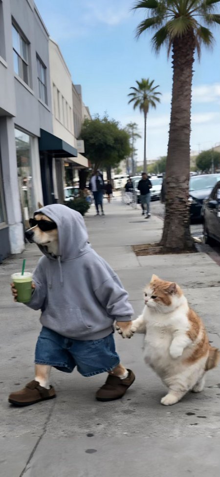 柴犬牵猫街头漫步趣味萌宠创意手机壁纸
