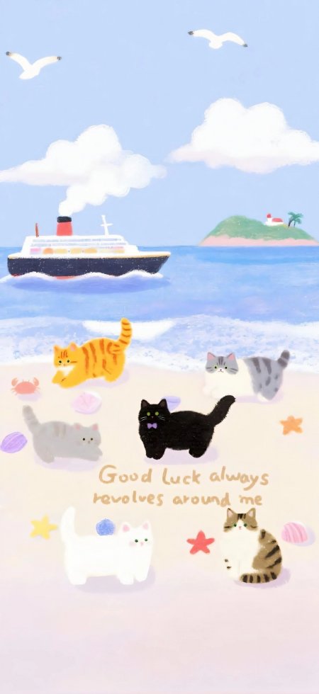 海边沙滩多只猫咪嬉戏游轮远航治愈插画创意手机壁纸