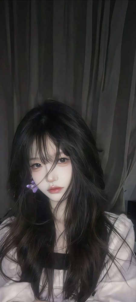 黑发美女紫花耳饰温柔室内人像摄影手机壁纸