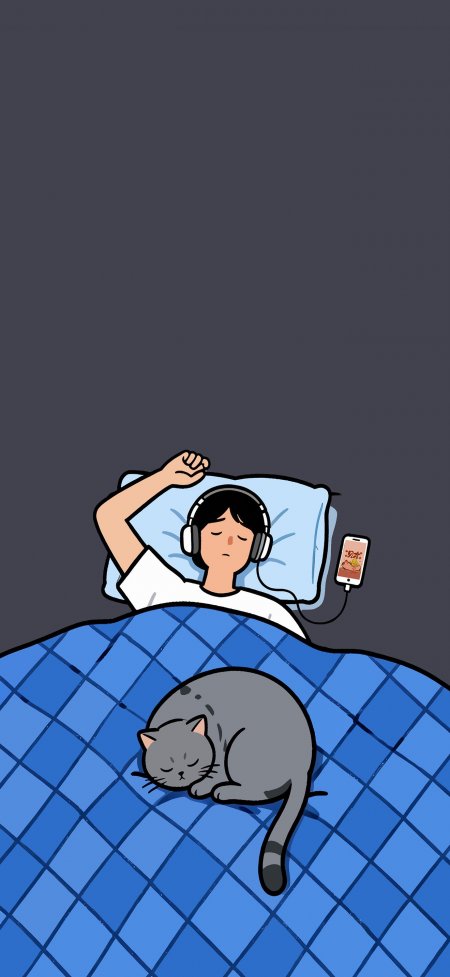 戴耳机少年与灰猫同眠蓝色被窝温馨治愈插画手机壁纸
