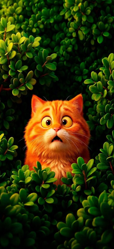 橘猫藏身绿叶丛中瞪眼惊讶萌趣自然萌宠手机壁纸