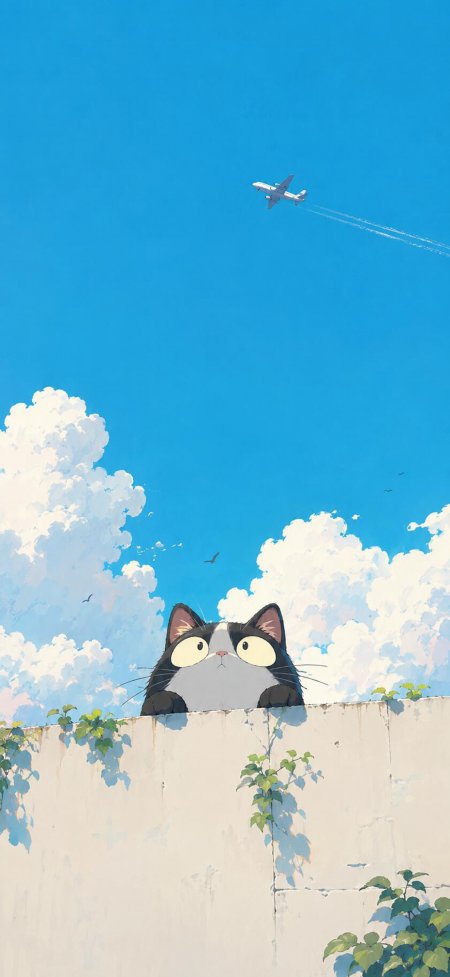 奶牛猫探墙头仰望飞机蓝天白云治愈动漫插画手机壁纸