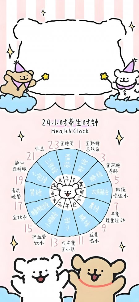 线条小狗养生时钟粉蓝配色卡通可爱健康提醒创意手机壁纸